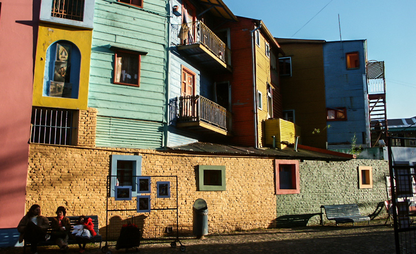 The colorful houses and the high sidewalks
