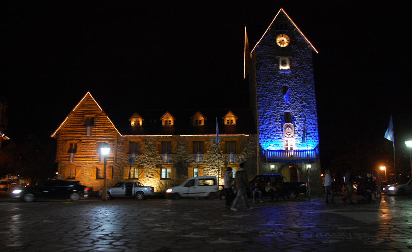The main buildings are well-lit 